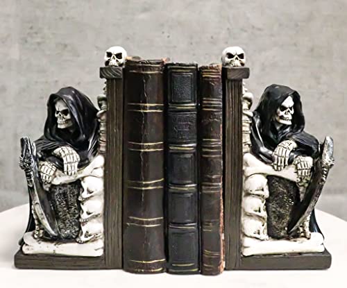 Ebros Gift Gothic Grim Reaper Dark Lord Sitting On Skulls and Skeleton Bones Thrones Pair of Bookends Statue 7" Tall Bibliography Macabre Ossuary Figurine As Halloween Decor