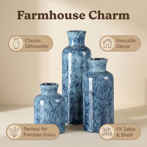 CwlwGO-Blue Ceramic Vases Set,Small Vase Sets,Farmhouse Country Vases Home Decor,Living Room Table Decoration,Shelf Decor,and Entrance Decoration Centerpieces. - color: Light Blue