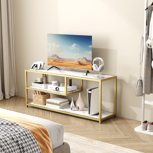Function Home TV Stand for TVs up to 55 Inch, 3 Tier Entertainment Center, Media Console with Open Storage Shelves for Living Room Bedroom, 47” Modern TV Table with Faux Marble Top Gold Metal Leg - color: 47" Gold