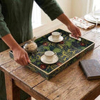 15.8" x 11.8" Navy Green Plastic Serving Tray with Handles, Seaweed & Poppy Botanical Floral Pattern with Red & Blue Accents and Gold Trim, for Ottoman, Coffee Table, Vanity - color: Seaweed & Poppy Botanical