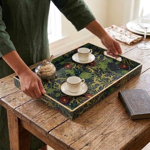 15.8" x 11.8" Navy Green Plastic Serving Tray with Handles, Seaweed & Poppy Botanical Floral Pattern with Red & Blue Accents and Gold Trim, for Ottoman, Coffee Table, Vanity - color: Seaweed & Poppy Botanical