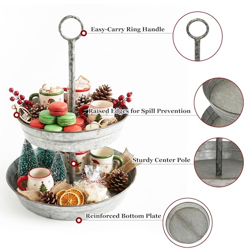 FLORA Farmhouse 2 Tiered Galvanized Serving Tray Stand with Carry Handle, Rustic Metal Display Tray for Cupcake Dessert Fruit, Silver - size: 13" x 13" x 16.5"