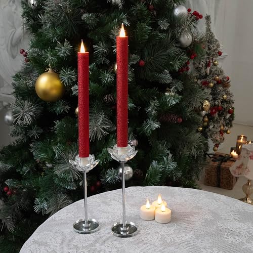 Flameless Taper Candles Flickering with Remote and Timer, 3D Moving Flame Taper Candle Battery Operated to 400 Hours, 9 Inch Window Candles, (Glittter Red) - color: Glittter Red