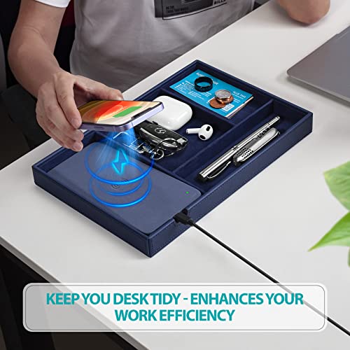 Valet Tray, Built in Wireless Charging Pad, Nightstand Organizer, Bedside Organizer, Mens Jewelry Box, Everyday Carry Tray for Men and Women -Blue - color: Blue