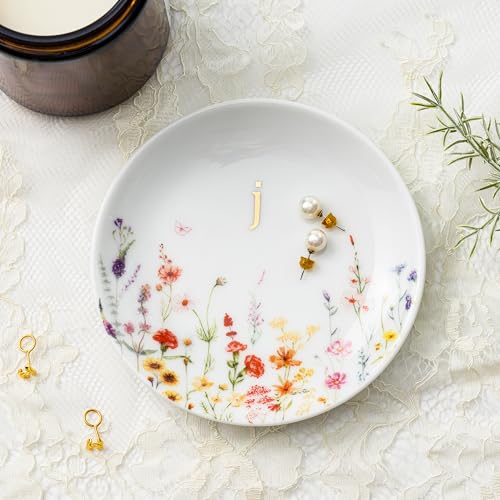 Crisky Initial Jewelry Tray Ring Dish & Gift Box, Ceramic Flower Trinket Dish for Rings Earrings Necklaces Keys, Bridal Shower Engagement Birthday Gift for Women, Friends 4.57" (Gold Foil J - style: Initial J