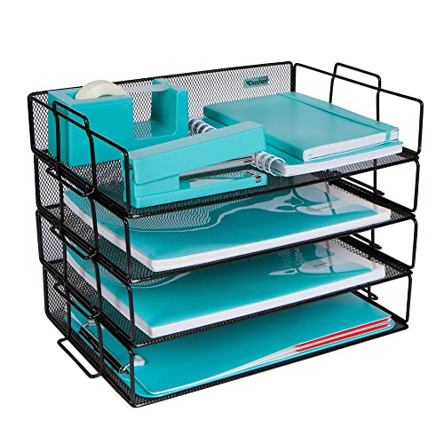 Stackable Paper Tray Desk Organizer, 4-Tier Metal Mesh Letter Organizers for Business, Home, School, or Store Use, Organizes Files, Folders, Letters, Paper, Binders, Multi-Functional Desktop Storage - color: Black
