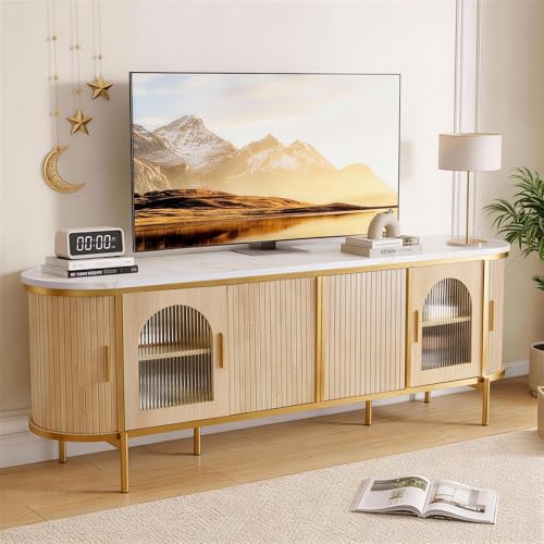 MXV 70" Fluted TV Stand for TVs up to 80", Mid Century Modern Entertainment Center with Sliding Doors & Glass Door, TV Console Table with Faux Marble Top for Living Room, Oak - size: 70IN