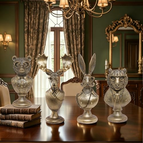 Vintage Animal Statue Sculpture Set,Gold Resin Animals Bust Figurine with Glasses & Suit, Retro Office Desk Decor for Home Living Room, Creative Gift for Animal Lovers - color: Animal Bust Set 4