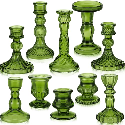Mumufy 10 Pcs Glass Crystal Taper Candle Holders Clear Glass Candlestick Holder Fit 0.8 Inch Candles Crystal Decorative Candle Stand Centerpiece Table Wedding Dining Party (Classic,Green) - color: Green
