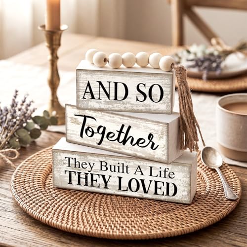 4 Pcs Farmhouse Home Decoration Wooden Tabletop and So Together They Built a Life They Loved Decor Motivational Tiered Tray Decor Rustic Block Sign Retro Bead Garland Table Centerpiece for Shelf Desk - style: and So Together