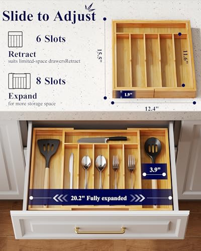 Kitsure Silverware Organizer - Expandable Bamboo Kitchen Drawer Organizer for Cooking Utensils and Cutlery, Sturdy & Thickened Kitchen Organizers and Storage Solution, X-Large, Natural - color: Natural, size: X-Large