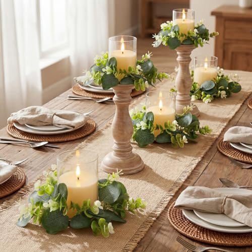 Yunlly 4 Pcs Candle Wreaths Rings Artificial Eucalyptus Wreaths Candle Holder Rings with LED Flameless Candles, 9.5" Wide for Wedding Windows Table Centerpieces, Green and White - color: Green and White, style: Classic