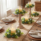 Yunlly 4 Pcs Candle Wreaths Rings Artificial Eucalyptus Wreaths Candle Holder Rings with LED Flameless Candles, 9.5" Wide for Wedding Windows Table Centerpieces, Green and White - color: Green and White, style: Classic