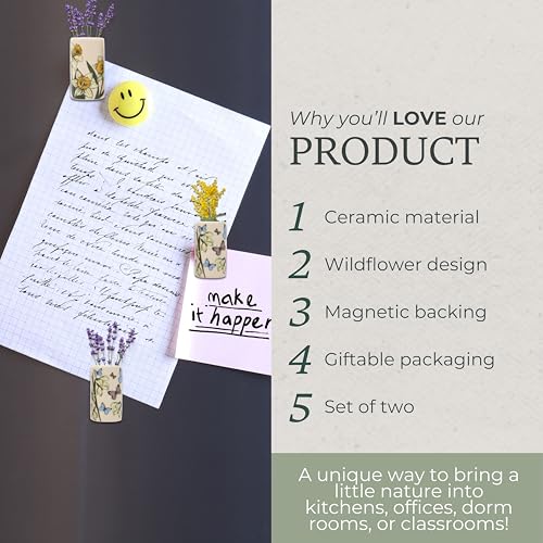 Steel Mill & Co Bud Vase Magnet Set of 2, Ceramic Mini Vases, Magnetic Backing for Fridge, Locker, or Filing Cabinet, Small Bud Holder (Wildflowers)