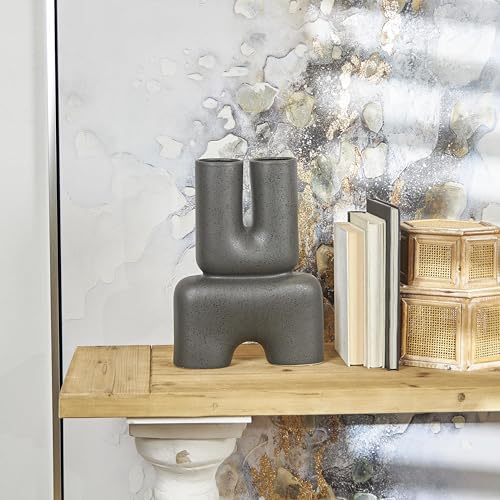 Deco 79 Ceramic Abstract Dual Opening U-Shaped Vase with Glossy Speckled Texture, 11" x 4" x 15", Black - color: Black