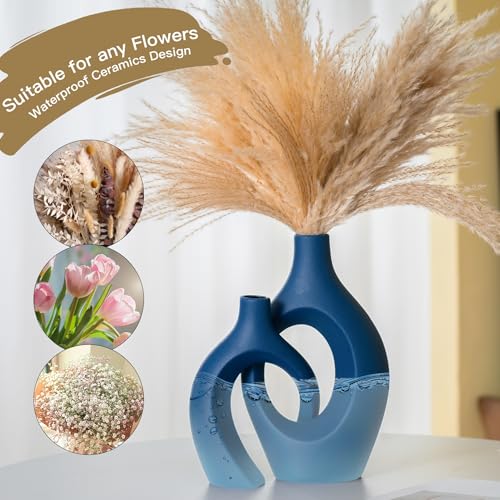 Lvases Snuggle Hollow Ceramic Vase Set of 2, 11Inch Nordic Modern Boho ins Style Decorative Ceramic Aesthetic Flower Vases for Home Decor Living Room Shelf Table Decorative (Matte Navy Blue) - color: Extra Large Navy Blue