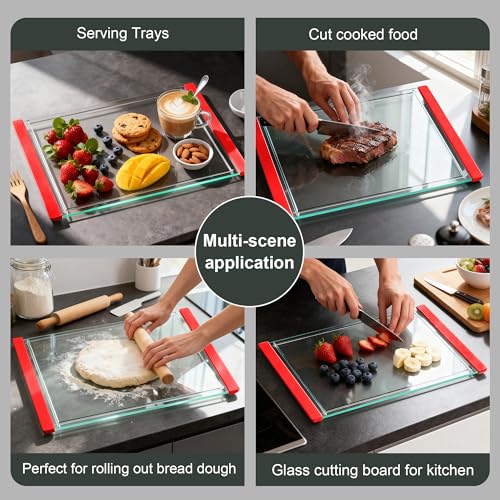 Tempered Glass Cutting Board Set for Kitchen Counter - Dishwasher Safe with Juice Grooves, Non-Slip Silicone Edges & Beveled Grip - 16"x12" & 12"x8" Serving Tray (Red-2PCS) - color: Red-2PCS