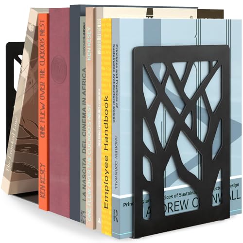 MaxGear Book Ends Tree Design Modern Bookends for Shelves, Non-Skid Bookend, Heavy Duty Metal Book Stopper for Books/DVDs, Decorative CD Holder & Video Game Organizer, 7 x 4.7 x 3.5”, Black - size: 1 Pair