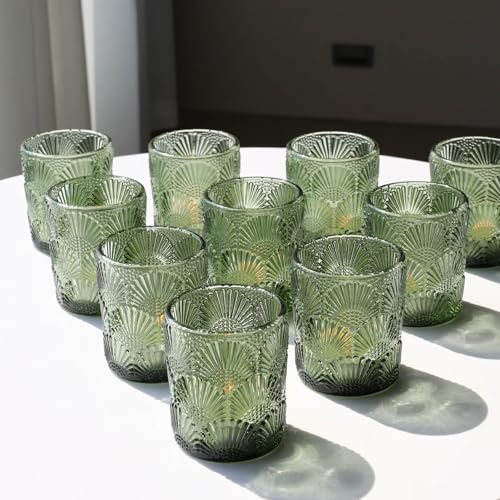 Woho Green Votive Candle Holders Set of 12, Green Glass Tealight Candle Holder for Wedding Party Table Centerpiece, Tea Lights Candle Holder Vintage for Fall Thanksgiving Christmas Decor - color: Green