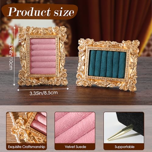 Vintage Ring Holder Rectangle Gold Velvet Display Stand - Baroque Jewelry Organizer Box Tray for Wedding Engagement Anniversary Women Birthday Christmas Gift Photograph Prop (MPF05-Gold Pink) - color: MPF05-Gold Pink