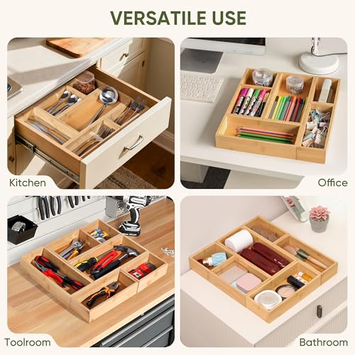 Vincona Bamboo Drawer Organizers Set, 3PCS Multi-Use Wood Storage Organizers, Desk Drawer Tray for Kitchen, Bathroom, Office, Dresser, Bamboo Box Bin for Jewelry, Makeup, Junk, Gadgets - size: 3 Grids