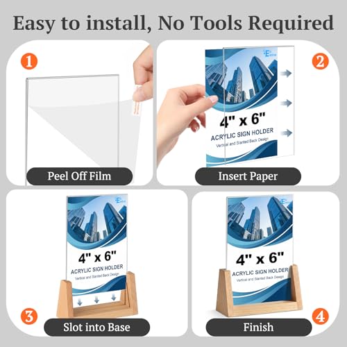 EHWINE 8 Pack 4x6 Acrylic Sign Holder with Wood Base, 2-in-1 Vertical & Slant Back Display, U-Shaped Clear Menu Holder Stand with Non-Slip Base Pads for Table, Desk, Countertop, Restaurant