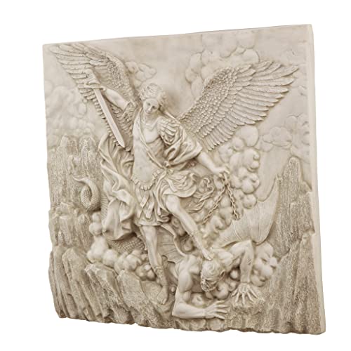 Design Toscano Michael the Archangel Slaying Demon Indoor/Outdoor Wall Frieze Sculpture, 22 inches wide, Cast Stone Resin, Antique Stone Finish