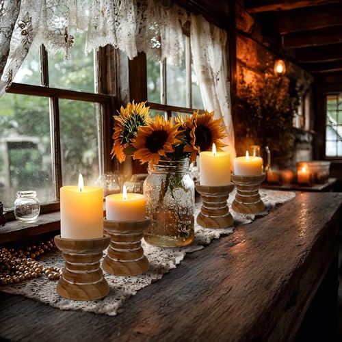 Pillar Candle Holder, Farmhouse Wood Candle Holder, Rustic Wooden Candle Stand, Vintage Small Wooden Candlestick Holders for Living Room, Table Centerpiece, Brown(4PCS) - color: Washedbrown, size: 4"H（4PCS）
