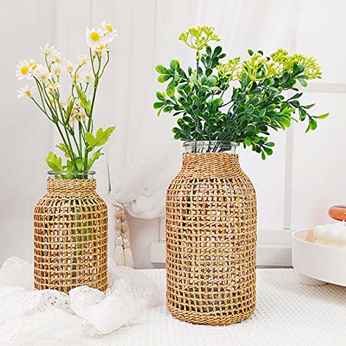 MDEOOSKY Straw Woven Glass Vase 7.87''x1.96''x4.13''Boho Glass Flower Vase Country Rustic Style Vase Glass Vase for Floral Arrangements Bottle Height (B Style 7.87IN) - size: 7.87IN