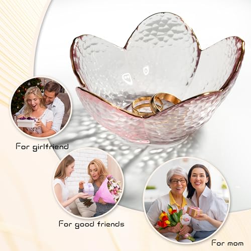 Pink Flower Jewelry Trinket Dish, Glass Ring Holder Tray, Small Trinket Bowl Gifts for Women - color: golden-edged pink