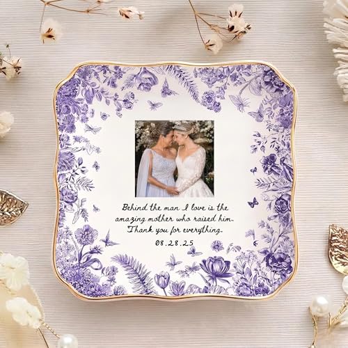 NAZENTI Custom Photo Jewelry Dish Mother of the Groom Bride Wedding Keepsake Tray Personalized Porcelain Ring Holder for Mom Birthday Anniversary Present Engagement Ceremony Decorations Memento Plate - color: Design 01