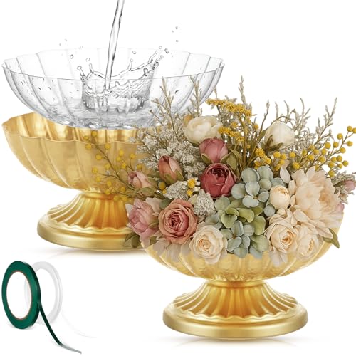 2 Pcs Metal Compote Bowl for Centerpiece Flower Holder Small Compote Vase Decorative Indoor Outdoor Flowers Fruits Plant for Valentine's Day Wedding Home Party Decoration (Bright Gold) - color: Bright Gold
