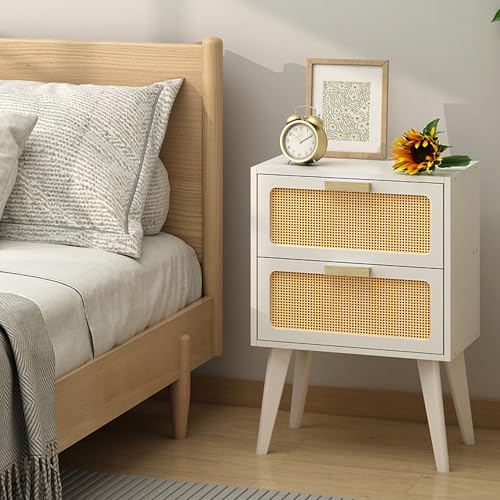 YAUKOMEL White Nightstand, Wood End Table, Side Table with 2 Hand Made Rattan Decorated Drawers,Boho Bedside Table,Wood Accent Table with Storage for Livingroom, Bedroom, White CTG59W - color: White, style: Rattan Style