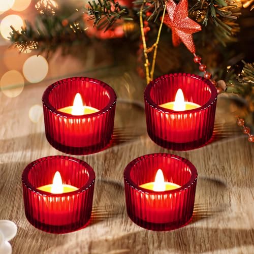 JOYIT Red Votive Candle Holders Bulk Set of 4, Tealight Candle Holder for Wedding Table Centerpiece, Glass Small Candle Holders for Birthday Party, Valentine's Day, Home Decor (2''X 1.4'') - color: Red
