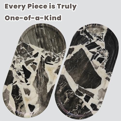 11.8 x 5.9 Inch Oval Black and White Natural Marble Tray for Bathroom Vanity, Solid Stone Perfume Organizer and Decorative Kitchen Countertop Trays