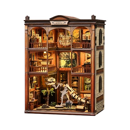 DIY Book Nook Kit, 3D Wooden Puzzle Miniature House Kit with LED Light, Dinosaur Fossil Museum Bookend Dollhouse, Creative Arts & Crafts Project for Adults and Teens Age 14+ (Fossil Museum)