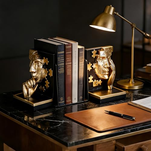 Gold Abstract Face Bookends Set,Modern Thinker Bookshelf Decorative Bookends,Cool Black Gold with Puzzle Design,for Shelves, Desk & Home Office Decor Accessories