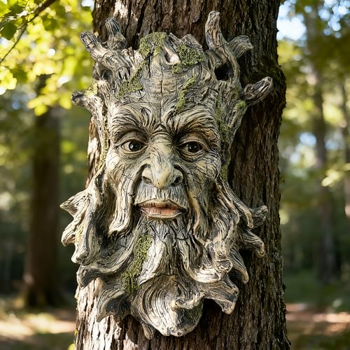 Teaeeno Whimsical Tree Face Garden Decoration, 10.2 in Tree Faces Decor Outdoor Wallmounted Statue Art with Leaf Features, Outdoor Decor Garden Accessory (Nature and Outdoors) - color: Yellow