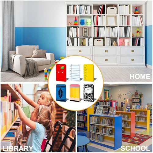 AnyDesign 6Pcs Back to School Wood Bookends Non Skid Book Stoppers Composition Notebook Pencil Crayon Apples Wooden Book Stands for Heavy Books Home Office School Library