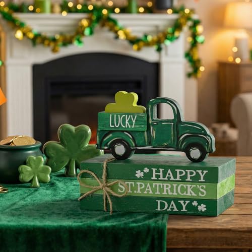 Smile St.Patrick's Day Wooden Book Stack Decor Green Shamrock & Lucky Truck Design, Freestanding Tabletop Shelf Wood Sign for Home Office - style: St Truck