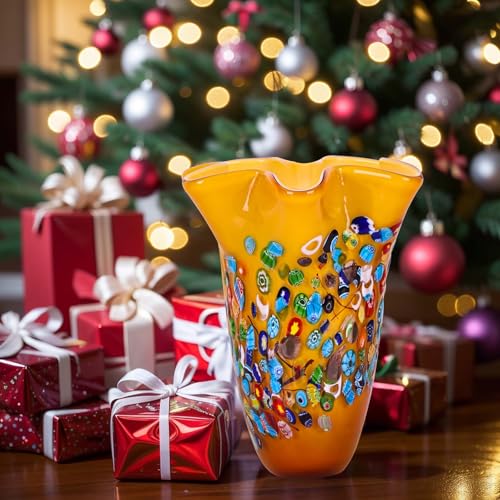 DOVDOV Handmade Glass Blown Orange Wide Mouth Irregular Vase, Modern Art Decoration for Home Office Living Room Dining Table Centerpiece