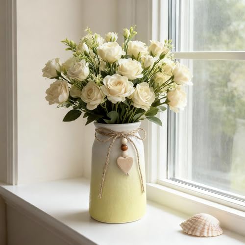 6-Inch Ceramic Flower Vase with Jute Rope & Heart Charm | Perfect for Boho, Farmhouse & Modern Home Décor, Yellow - color: Yellow