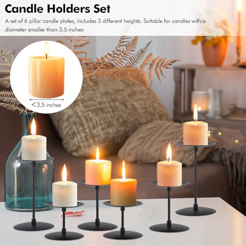 Set of 6 Candle Holders, Metal Pillar Candle Stand for Tabletop Wedding Party Event Birthday Anniversary (Black)