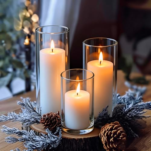 24 Pcs White Pillar Candles and Glass Candle Holders Cylinder Candle Vases for Pillar Candles Hurricane Candle Holders Set for Wedding Party, Event, Home Office Decor - size: 12 set