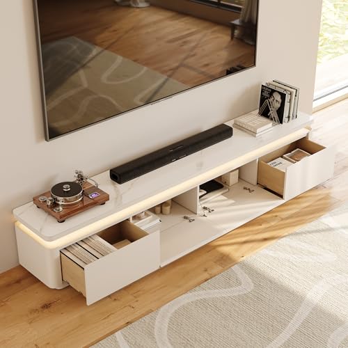 POVISON Fully Assembled 95" Mid-Century Modern TV Stand with LED Lights, Glossy Sintered Stone Top Media Console for 85 Inch TV, Drop-Down Doors & Drawers, Open Storage for Living Room - color: White, size: 95"