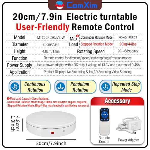 Remote Motorized Electric Turntable Rotating Display Stand Spinning Rotating Platform 360 Photography Turntable Motorized Spinning Platform for Photography,Display,3D Scaner - size: 7.9inch/White/100Lbs Load