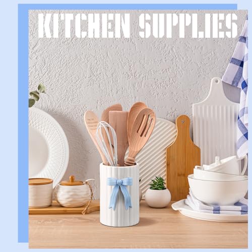 LemonRoad Blue Bow Ceramic Utensil Holder 3D Coquette Cooking Utensil Crock with Scalloped Mothers Day Kitchen Gifts Girly Aesthetic Storage Caddy Organizer Vase Decor for Kitchen Housewarming Gift - color: Blue, style: Bow