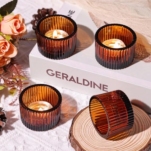 HAVITI 24 Pack Amber Tealight Candle Holders, Glass Votive Candle Holders Fall Decorations for Home Table Fall Wedding Centerpieces, Party Supplies and Vintage Decor - color: Amber, size: 1.3" x 2"