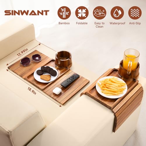 SINWANT Couch Cup Holder Tray,Acacia Wood Sofa Arm Clip on Tray Table with 360° Rotation Cup Holder,Foldable Anti-Slip Couch Armrest Table for Coffee Mug,Water Bottles,Snacks,Remote on Large Armrest - color: Acacia Wood