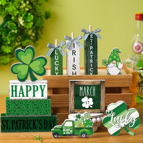 Vercraft 11 Pcs St. Patrick's Day Table Decorations Shamrocks Tiered Tray Home Decor Irish Centerpiece Decorative Wood Books Table Top Decor Clover Wooden Sign for Party Supplies - style: Shamrocks
